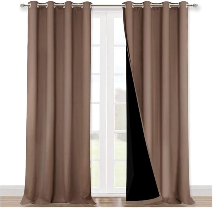 NICETOWN Cold Reducing Curtains, Complete Blackout Shades for Large Windows, 100% Blackout Window Curtain Panels with Black Lined, 52 inches Width Each Panel, 95 inches Length, Cappuccino, 2 Pieces