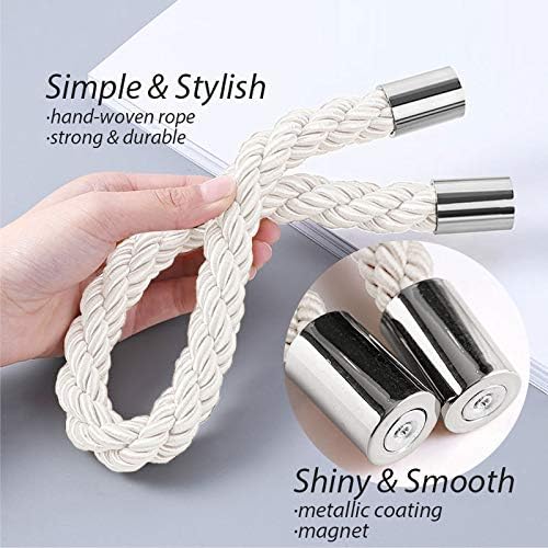 NICEEC 6 Pack Strong Magnetic Curtain Tiebacks Modern Simple Style Drape Tie Backs Convenient Decorative Weave Rope Curtain Holdbacks for Thin or Thick Home & Office Window Draperies (Cream)