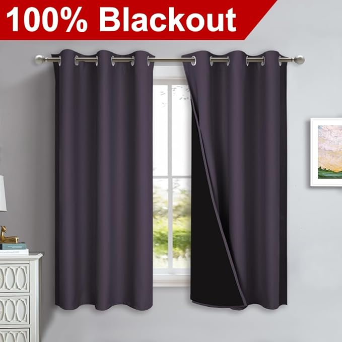 NICETOWN 100% Blackout Short Curtains with Black Liners, 2 Panels, 37" W by 60" L, Greyish Purple, Thermal Insulated Full Blackout 2-Layer Lined Drapes, Energy Efficiency Window Drapes for Bedroom