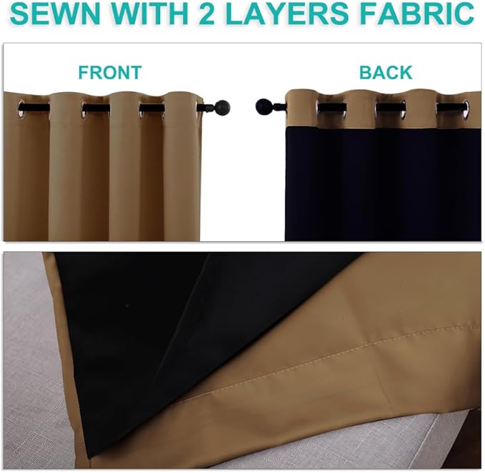 NICETOWN Blackout Curtains 80 inches Long, Gold Brown, 2 Pieces, 42" Wide Each Panel, Full Light Blocking Drapes with Black Liner for Nursery, Thermal Insulated Draperies for Hall, Villa
