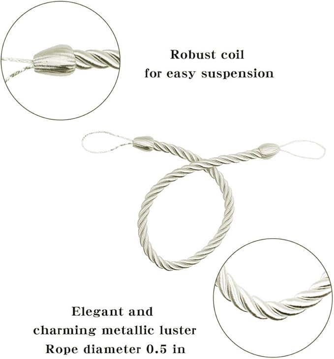 BEL AVENIR Curtain Tiebacks Ropes Tie-Backs, Handmade Curtain Holdbacks with 2 Metal Screw Hooks (Cream, 2pack)