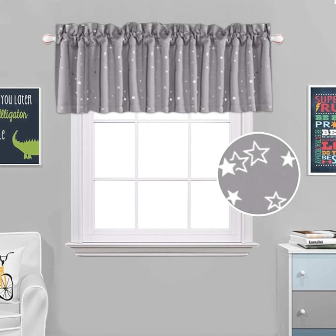 H.VERSAILTEX Blackout Curtain Valances for Kitchen Window/Living Room/Bathroom Privacy Added Rod Pocket Home Decoration Winow Valance, 52" W x 18" L, Glitter Stars in Gray Base