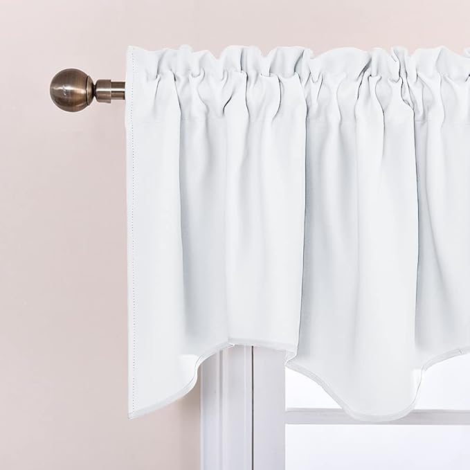 NICETOWN Window Valance Blackout Curtains - W42 x L18 inches Long Scalloped Pole Pocket Valances for Bathroom/Dorm/Cafe Shop/Kitchen/Showcase/Home Decor, Double Panels, Pure White