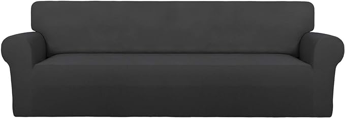 PureFit Super Stretch 4 Seater Sofa Slipcover – Spandex Non Slip Soft Couch Sofa Cover, Washable Furniture Protector with Non Skid Foam and Elastic Bottom for Kids, Pets （XX Large, Dark Gray）