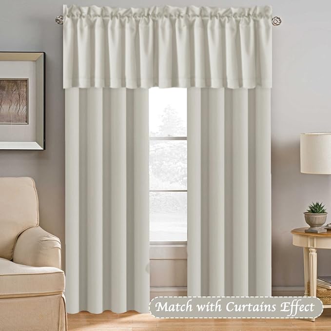 H.VERSAILTEX Blackout Valances for Windows,Kitchen Curtains Valances for Living Room/Bedroom/Bathroom Privacy Decorative Rod Pocket Short Window Valance Curtains, 52" W x 18,4 Panels, Ivory/Cream