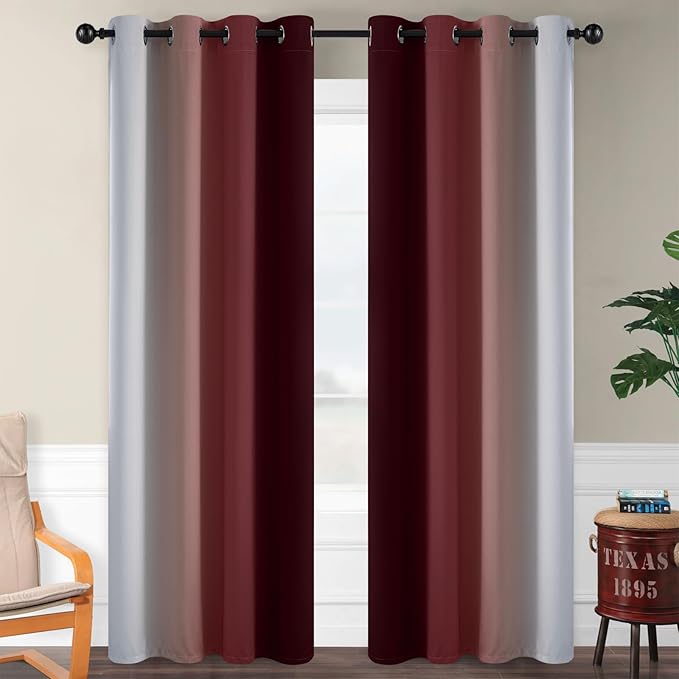 SimpleHome Ombre Room Darkening Curtains for Bedroom, Gradient Red to Grey White Light Blocking Thermal Insulated Grommet Window Curtain/Drapes for Living Room,2 Panels, 52x84 inches Length