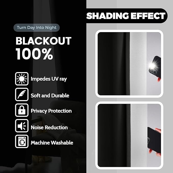 Yakamok 100% Blackout Curtains 72 Inch Length 2 Layers,Black Curtains for Bedroom Ombre Room Darkening Grommet Gradient Drapes, Light Blocking Thermal Insulated Window Curtains for Living Room