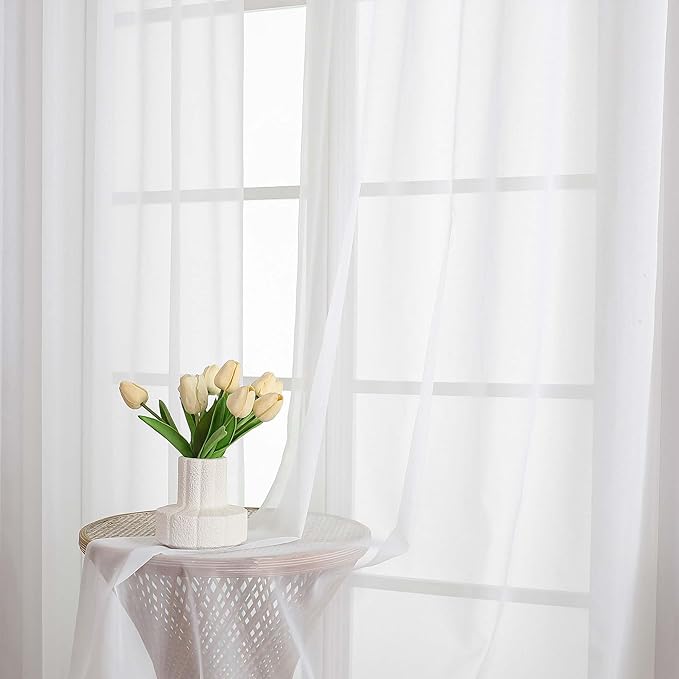 OVZME White Sheer Curtains 63 Inches Long 2 Panels Set, Light Filtering Sheer Curtains for Living Room Bedroom 59 Inch Extra Wide, Modern Voile Filmy Rod Pocket Window Drapes, 59Wx63L Inches