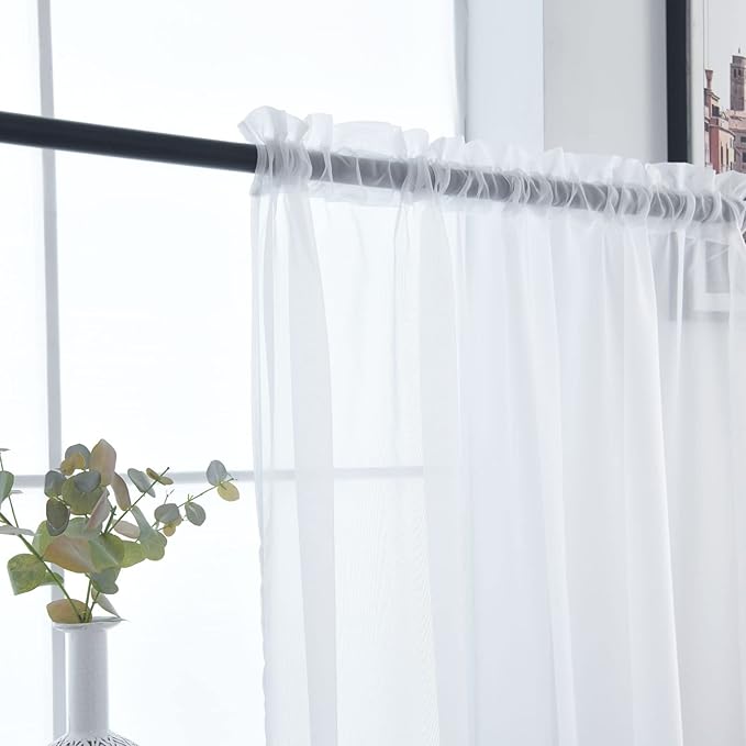 SpaceDresser Basic Rod Pocket Sheer Voile Window Curtain Panels White 1 Pair 2 Panels 38 Width 84 Inch Long for Kitchen Bedroom Children Living Room Yard(White,38 W x 84 L)