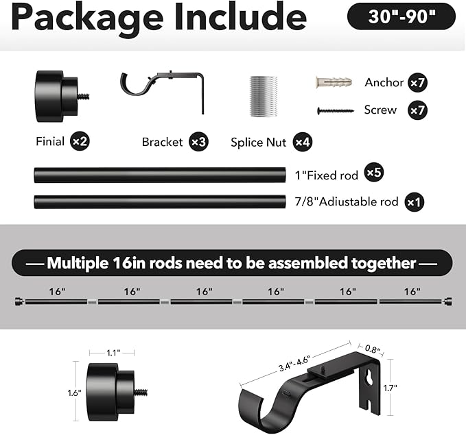 IFELS Heavy Duty Curtain Rods for Windows 48 to 84 Inch, 1 Inch Adjustable Black Curtain Rod with Easy Installation and Modern Design (A1,Black,30-90")