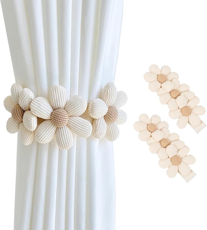 SRG Sunflower Curtain Tiebacks-2 Pack | Daisy Curtain Holdbacks Three Flower | Curtain Tiebacks Boho | Japanese Curtain Ties | Cute Flower Curtain Ties Decorative for Bedroom Window Treatment （Cream）
