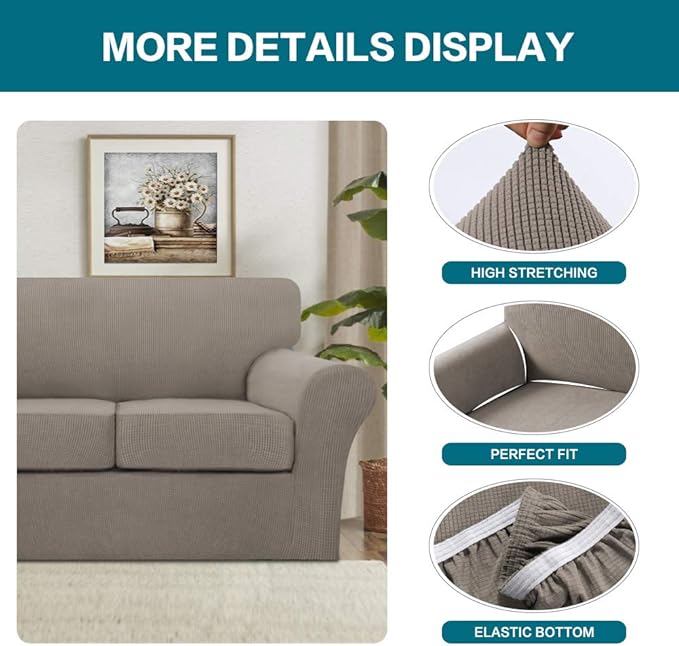 Turquoize 3 Piece Sofa Covers for 2 Cushion Couch Sofa Slipcover Soft Couch Cover for Dogs-Washable Sofa Furniture Covers with 2 Individual Cushion Covers Jacquard Fabric (2 Cushion Sofa, Taupe)