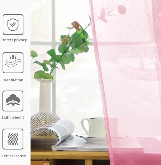 youleyar Solid Sheer Rod Pocket Curtain Voile Draperies 2 Panels White Beige Black Grey Coffee 52 Inch Width 90 Inch Long 1 Pair for Kitchen Bedroom Children Living Room Yard(Light Pink,52Wｘ90L)