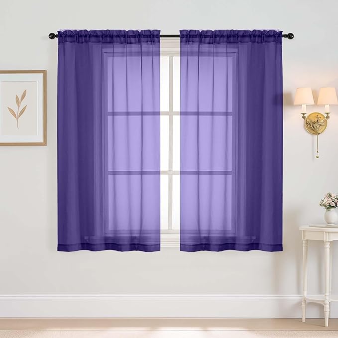Purple Window Sheer Curtains 45 Inches Length, Voile Short Curtains for Living Room Bedroom, Modern Soft Window Drapes 2 Panels Set, Top Dual Rod Pocket Design, 2x42Wx45L Inches