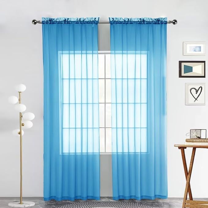 SpaceDresser Basic Rod Pocket Sheer Voile Window Curtain Panels Cyan Blue 1 Pair 2 Panels 52 Width 72 Inch Long for Kitchen Bedroom Children Living Room Yard(Cyan Blue,52 W x 72 L)