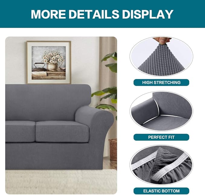 Turquoize 3 Piece Sofa Covers for 2 Cushion Couch Sofa Slipcover Soft Couch Cover for Dogs-Washable Sofa Furniture Covers with 2 Individual Cushion Covers, Thick Jacquard Fabric (Loveseat, Gray)