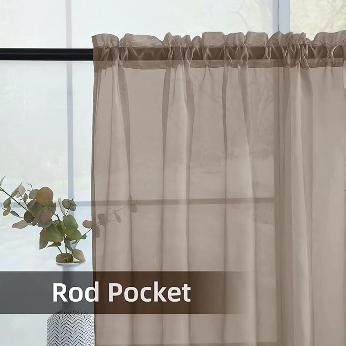 youleyar Solid Sheer Rod Pocket Curtain Voile Draperies 2 Panels White Beige Black Grey Ivory 52 Inch Width 96 Inch Long 1 Pair for Kitchen Bedroom Children Living Room Yard (Taupe,52Wｘ96L)