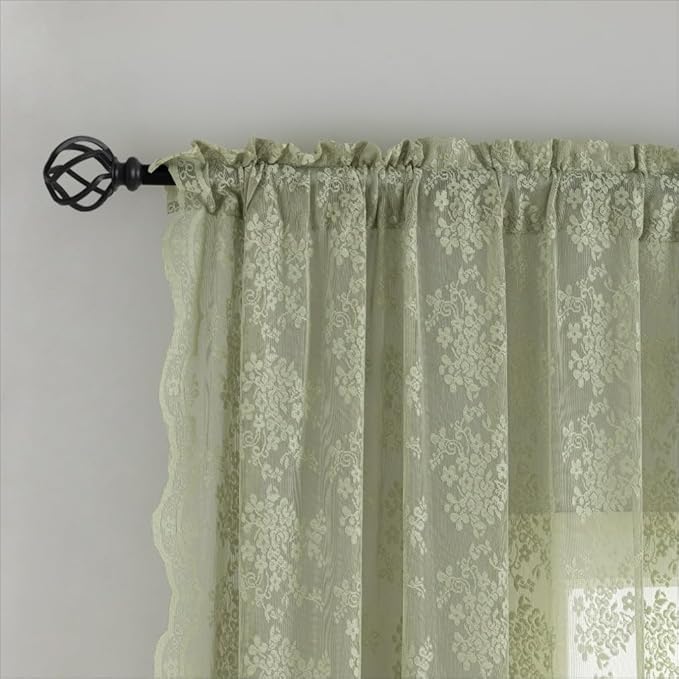 YJ YANJUN Vintage Lace Curtains 54 Inch Length-Victorian Floral Pattern Sage Green Sheer Curtains for Bedroom Laundry Room Light Filtering Boho Kitchen Small Window Treatments W52 X L54 Sage 2 Panels