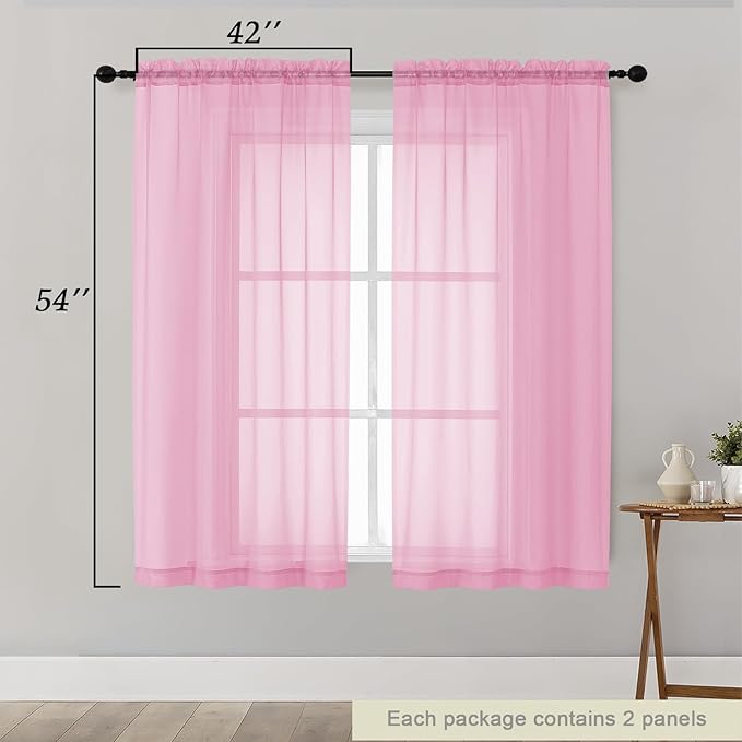 Sheer Pink Curtains for Bedroom Living Room 54 Inch Length 2 Panels Set, Solid Soft Airy Light Filtering Window Treatments, Modern Rod Pocket Drapes, Pink, 42" Wx54 L Inches