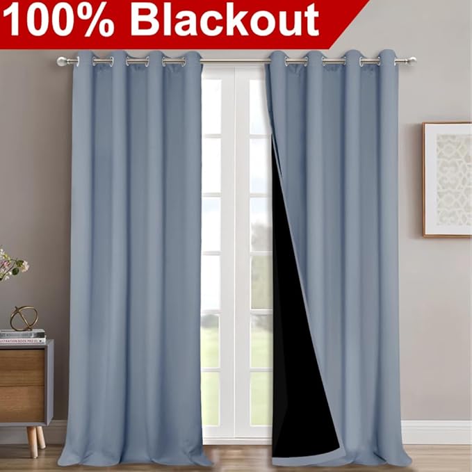 NICETOWN 100% Blackout Blinds, Set of 2, 46" x 96", Vintage Blue, Laundry Room Decor Window Treatment Curtains for Large Patio Sliding Door, Thermal Insulated Curtains for Bedroom