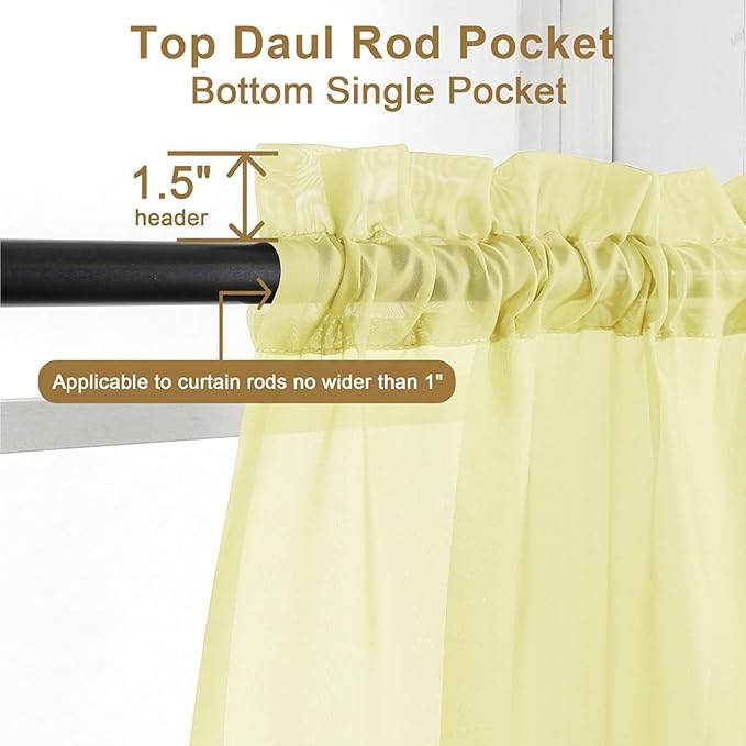 Chyhomenyc Sheer Curtains 72 Inch Length 2 Panels - Light Filtering Soft Airy Rod Pocket Voile Window Curtain Drapes for French Door Bedroom Living Room, 42Wx72L Inch, Light Yellow