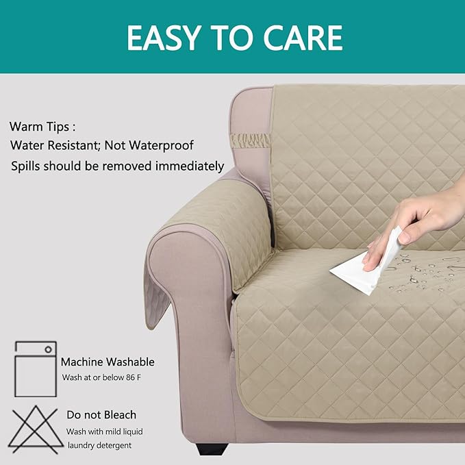 U-NICE HOME Loveseat Sofa Cover Reversible Couch Cover for Dogs with Elastic Straps Water Resistant Furniture Protector for Pets for 2 Cushion Couch (Loveseat, Sand/Beige)