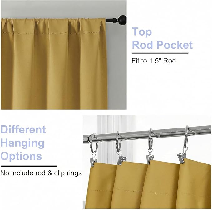Simplebrand Blackout Extra 10ft Curtains for Patio 120 Inches Long 2 Panels Set, Solid Thermal Insulated Energy Saving Rod Pocket Window Treatment Curtains Blackout Drapes, 50" Wx120 L, Bright Gold