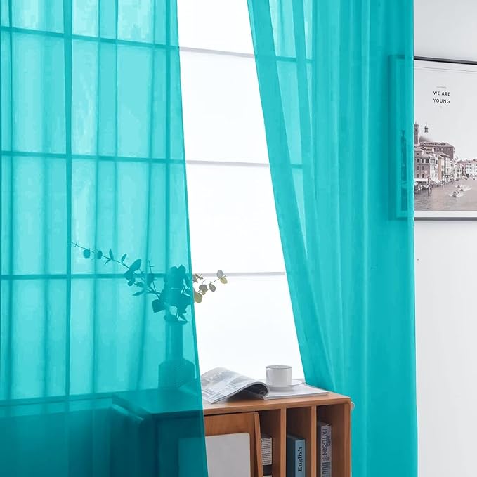 SpaceDresser Sheer Voile Window Treatment Rod Pocket Curtain Panels for Kitchen Bedroom Living Room Drapes Sunlight Filtering Privacy Semi Home Decor Assorted (Peacock Blue, 52 W x 54 L)
