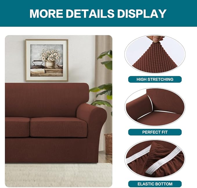 Turquoize 4 Piece Sofa Covers for 3 Cushion Couch Sofa Slipcover Soft Couch Cover for Dogs Washable Furniture Cover with 3 Individual Large Cushion Covers Feature Fabric (Large Sofa, Burnt Brick)