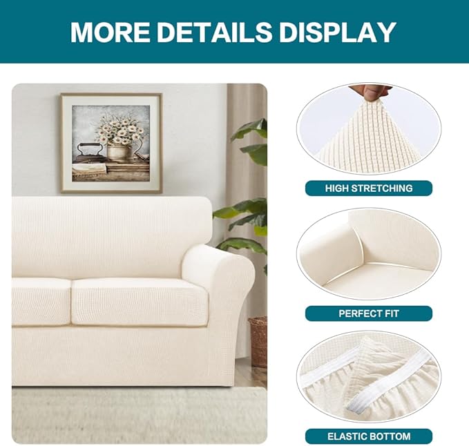 Turquoize 4 Piece Sofa Covers for 3 Cushion Couch Sofa Slipcover Soft Couch Cover for Dogs-Washable Furniture Cover with 3 Individual Covers (3 Cushion Sofa, Cream)