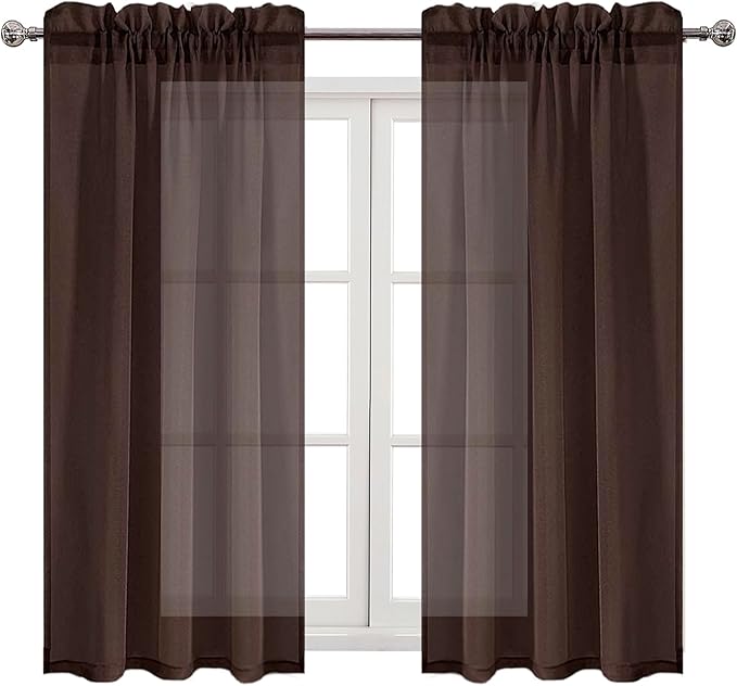 DWCN Brown Sheer Curtains Semi Transparent Voile Rod Pocket Curtains for Bedroom and Living Room, 42 x 54 inches Long, Set of 2 Panels