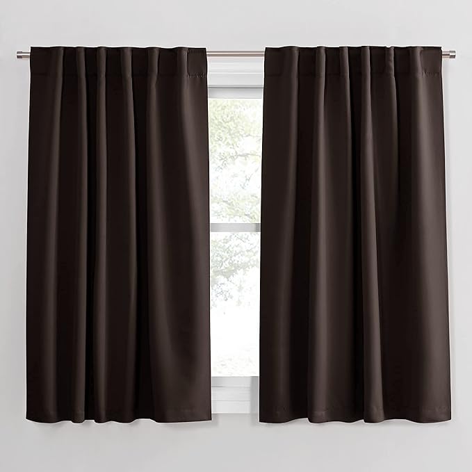 PONY DANCE Blackout Curtains Draperies - Window Treatments Thermal Insulated Back Tab/Rod Pocket Drapes for Small Window, W 52 by L 45 inch Per Panel, Brown, Set of 2 Pieces