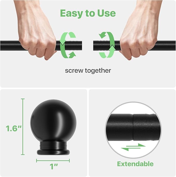 Black Curtain Rods for Windows 28 to 60 inch, Adjustable Curtain Rod Set with Brackets Easy Install, Decorative Slender 5/8 Diameter Drapery Rod, Heavy Duty Drape Pole for Living Room, Bedroom