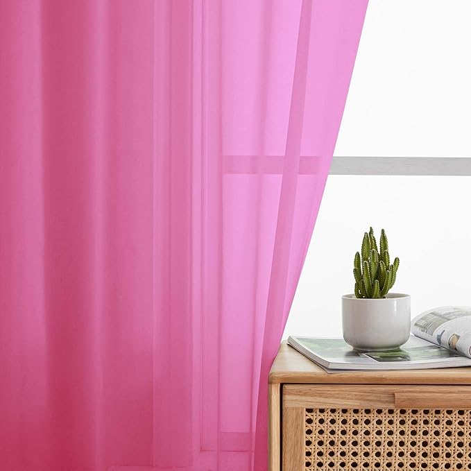Cafe Curtains 36 Inch Length Tier 2 Pieces, Modern Soft Airy Sheer Kitchen Short Curtains for Small Window, Rod Pocket Small Curtain for Bathroom Basement, Hot Pink, Each, 42" Wx36 L Inches
