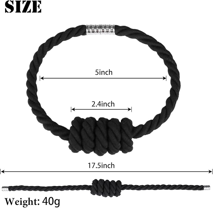 BEL AVENIR Magnetic Cotton Curtain Tiebacks, Decorative Drapery Holdbacks Modern Woven Tie-Backs with Exquisite Knot (Black Cotton, 6 Pack)