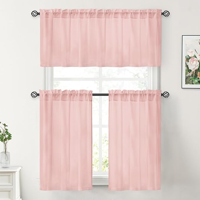 HOMEIDEAS Non-See-Through Blush Pink Privacy Sheer Kitchen Curtains, 30 X 24 Inches Long 2 Panels Short Sheer Curtains Light Filtering Bathroom Window Drapes for Bedroom Living Room