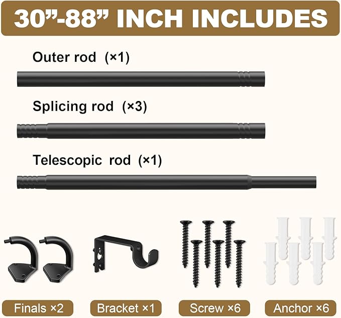 GXOACKJ Black Curtain Rods for Windows 48 to 84 inch, 5/8 inch Adjustable Wrap Around Blackout Curtain Rods for Bedroom & Outdoor