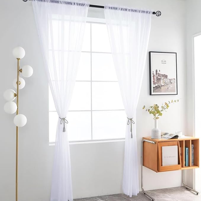 SpaceDresser Optical White Sheer Curtains 4 Panels Rod Pocket Semi-Sheer Curtain 54 Inches Long Light Filtering Voile Window Drapes for Bedroom Living Room Kitchen, Each 52W x54L