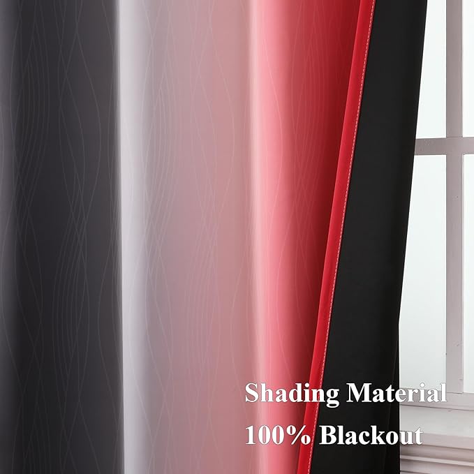 Ombre Red and Black Curtains 96 Inches Long, Total Blackout Curtains for Bedroom, Thermal Insulated Gradient Grommet Drapes, Full Light Blocking Curtains for Living Room, 52x96 Inch, 2 Panels