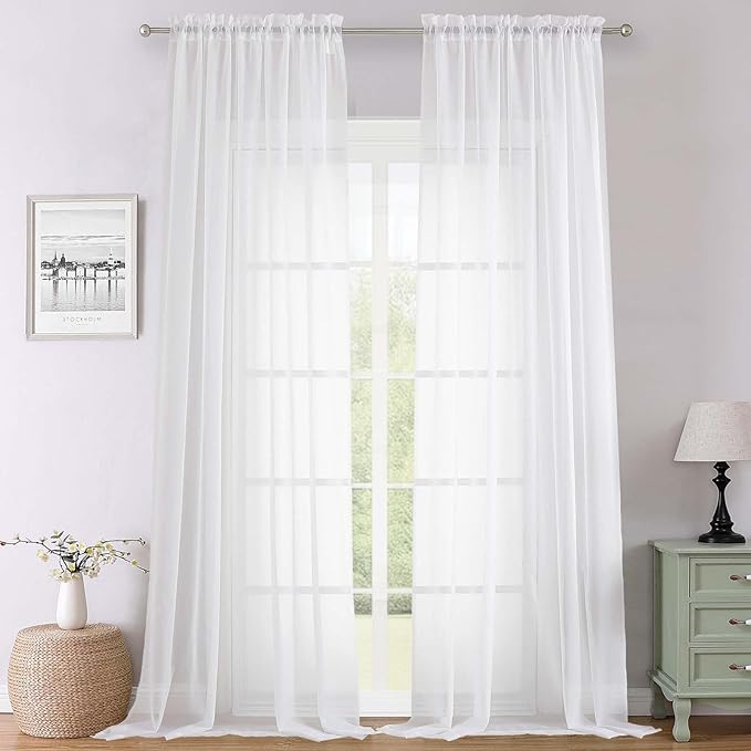 Lecloud White Sheer Curtains 108 Inches Long 2 Panels, Solid Airy Voile Extra Wide Sheer Curtains, Farmhouse Elegant Light Filtering Window Curtain Drapes for Living Room Big Windows, 59" W x 108" L