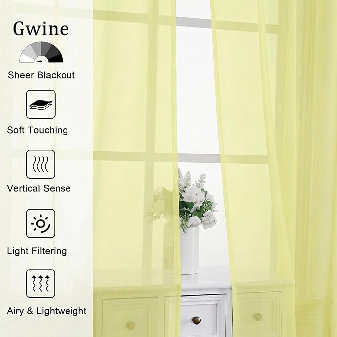 Gwine Sheer Curtains for Living Room 45 inch Length - Light Filtering Voile Window Curtain Panels for Bedroom, Soft Rod Pocket Sheer Curtain Drapes, Each 42Wx45L, 2 Panels, Lemon