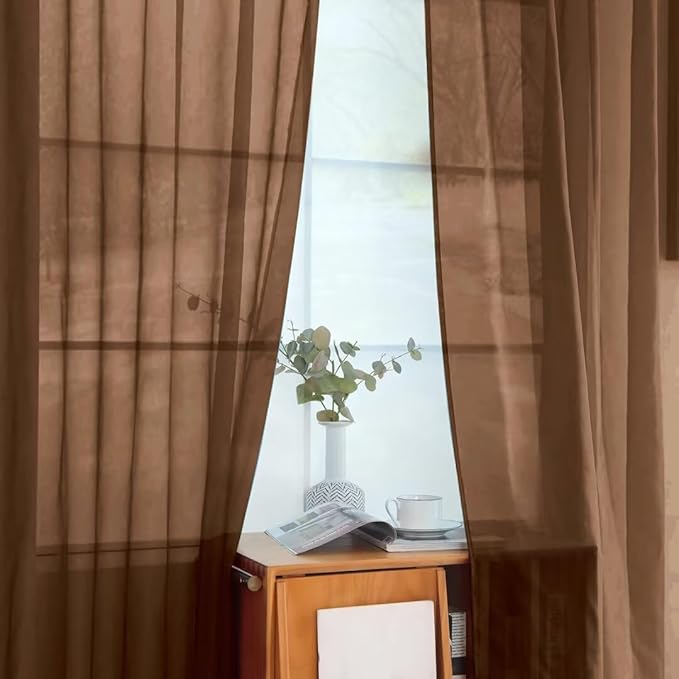 youleyar Solid Sheer Rod Pocket Curtain Voile Draperies 2 Panels White Beige Black Grey Coffee 52 Inch Width 63 Inch Long 1 Pair for Kitchen Bedroom Children Living Room Yard (Brown,52Wｘ63L)