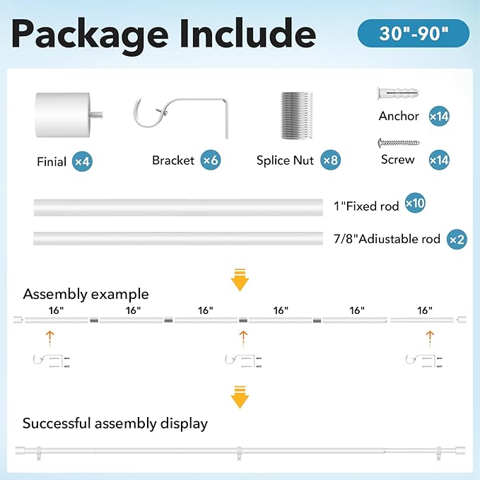 IFELS 2 Pack Heavy Duty Curtain Rods for Windows 48 to 84 Inch, 1 Inch White Curtain Rods Set of 2 Pack for Outdoor, Farmhouse, Bedroom, Adjustable Easy Install Drapery Rod (A2,White,30"-90"-2Pack)