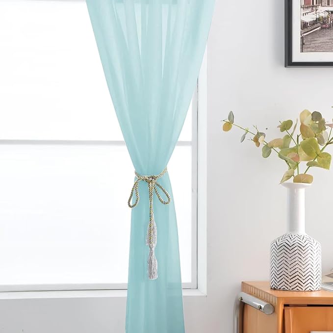 SpaceDresser Basic Rod Pocket Sheer Voile Window Curtain Panels Sky Blue 1 Pair 2 Panels 52 Width 45 Inch Long for Kitchen Bedroom Children Living Room Yard（Sky Blue, 52W x 45L）