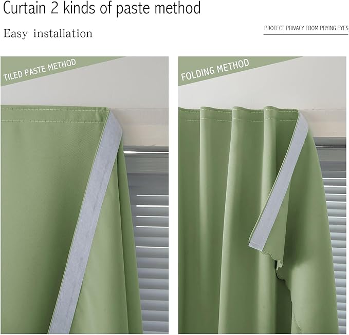 Magic Tape Blackout Curtains for Bedroom No Drillng Self Adhesive Curtains No Rod Small Window, 59" W X 96" L, Sage Green, 1 Panel