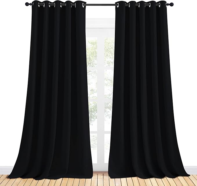 NICETOWN Blackout Draperies Window Curtain Panels, Autumn/Winter Thermal Insulated Solid Grommet Blackout Curtains/Drapes for Cafe (Set of 2, 70 inches by 108 inches, Black)