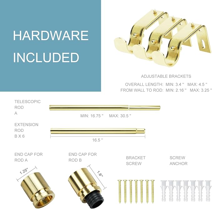 Byondeth Curtain Rods for Windows 16 to 120 Inches Adjustable Length 1 Inch Diameter Window Curtain Rod with Aluminium Finials, Gold