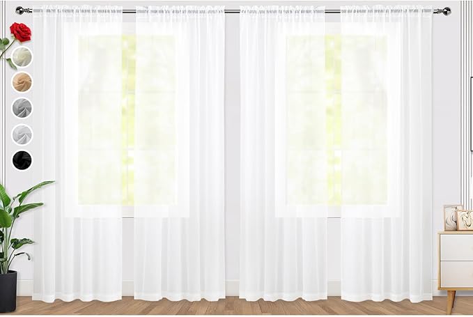 SpaceDresser Sheer White Curtains 4 Panels Rod Pocket Semi-Sheer Curtain 108 Inches Long Light Filtering Voile Window Drapes for Bedroom Living Room Kitchen, Each 52W x 108L