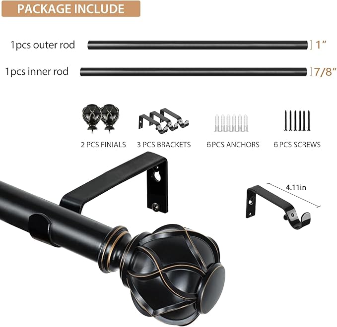 KAMANINA 1 Inch Curtain Rod Telescoping Single Drapery Rod 36 to 72 Inches (3-6 Feet), Black Curtain Rods for Windows 24 to 68 Inches, Netted Texture Finials