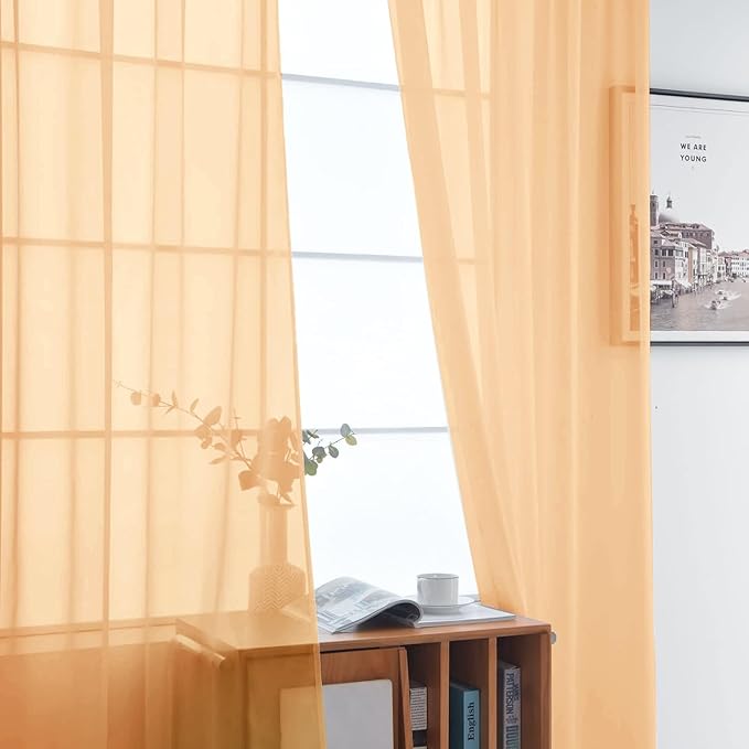 SpaceDresser Sheer Voile Window Treatment Rod Pocket Curtain Panels for Kitchen Bedroom Living Room Drapes Sunlight Filtering Privacy Semi Home Decor Assorted (Beige, 52 W x 45 L)